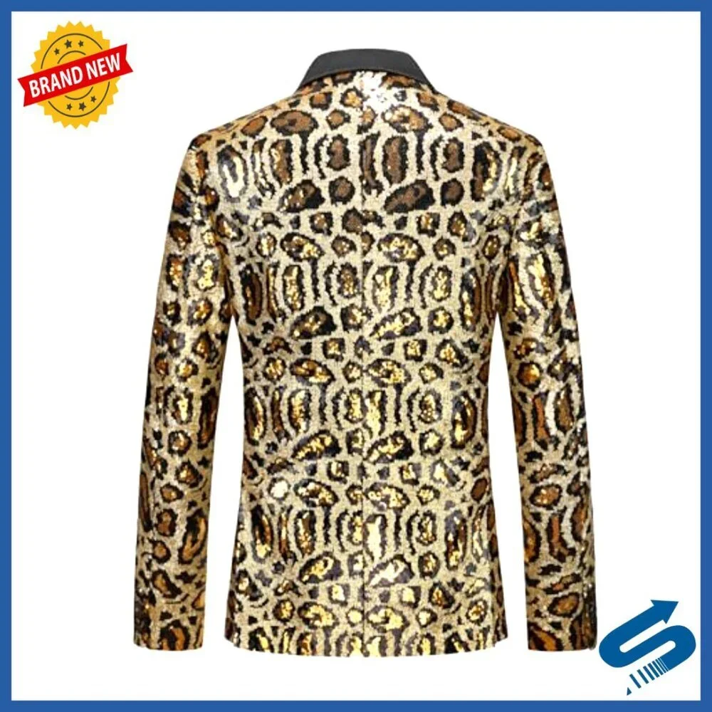 Men's Sequin Blazer Leopard Print Glitter Tuxedo Jacket Party Prom